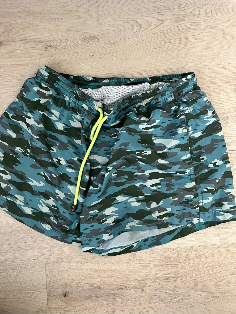 Zara Teal and Dark Green Camo Swim Shorts with Neon Yellow Drawstring